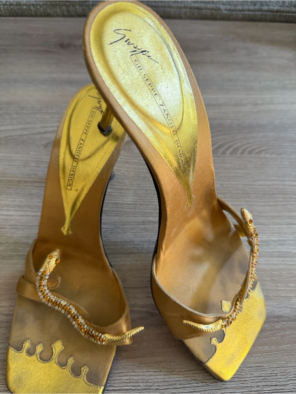 Giuseppe Zanotti Gold Metallic Snake-Embellished Slide Heels